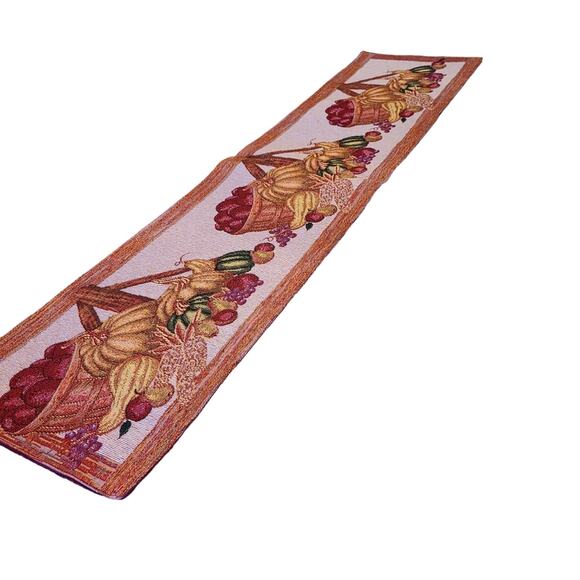 Fall Harvest Thanksgiving Cream  Table Runner Baskets Of Pumpkins Squash Decor - Picture 1 of 5